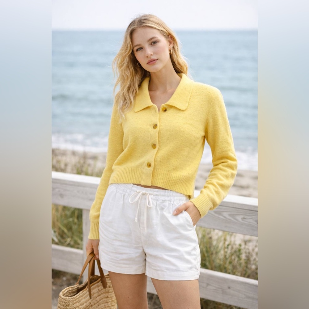 Cider Yellow Collared Button-Up Cropped Cardigan